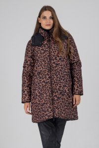 Reversible leopar mid-length hooded down jacket chocolate-noir