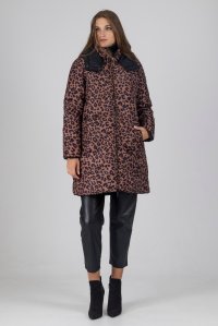 Reversible leopar mid-length hooded down jacket chocolate-noir