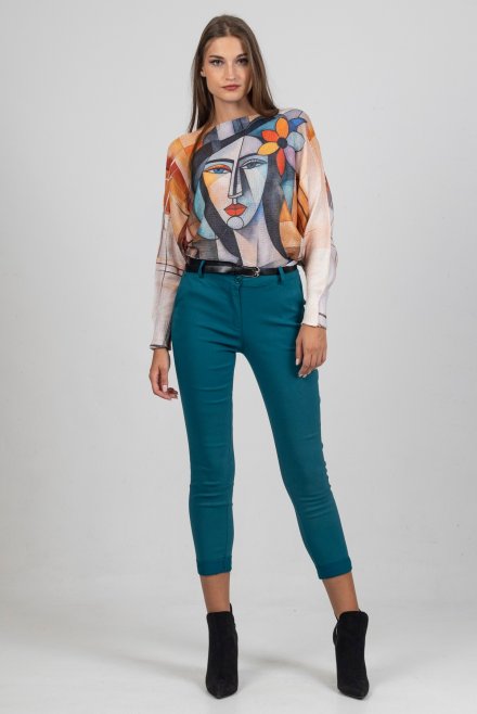 Classic belted pants,very strechwith romantic front poskets petrol