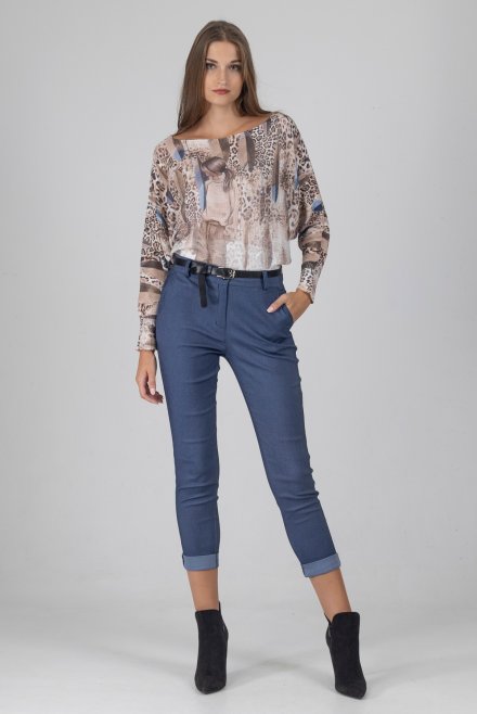 Classic belted pants,very strechwith romantic front poskets blue