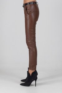 Classic faux leather belted pants with romantic front pockets chocolate