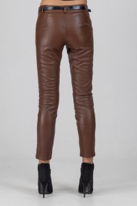 Classic faux leather belted pants with romantic front pockets chocolate