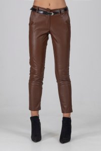 Classic faux leather belted pants with romantic front pockets chocolate