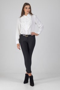 Striped belted pants with front pockets black-ivory