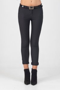 Striped belted pants with front pockets black-ivory