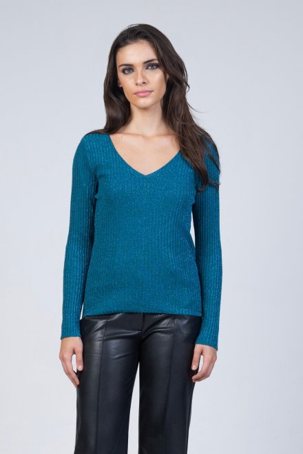 Lurex basic v-neck top petrol