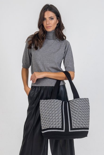 Viscose-lurex geometric pattern tote bag black-ivory-silver