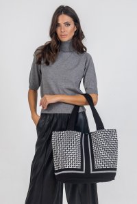 Viscose-lurex geometric pattern tote bag black-ivory-silver