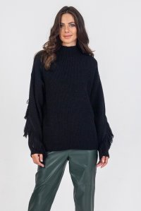 Alpaca blend english-rib fringed sweater black