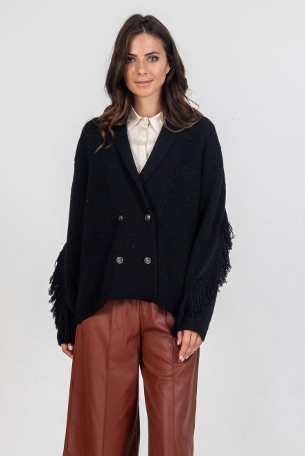 Alpaca blend english rib fringed cardigan black