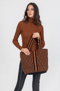 Viscose-lurex blend tote bag black-amber brown