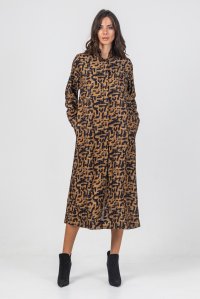 Viscose twill printed shirt dress camel