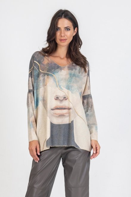 Thin long sleeved patterned v-neck sweater multicolored