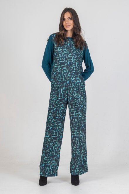 Viscose twill printed wide pants petrol