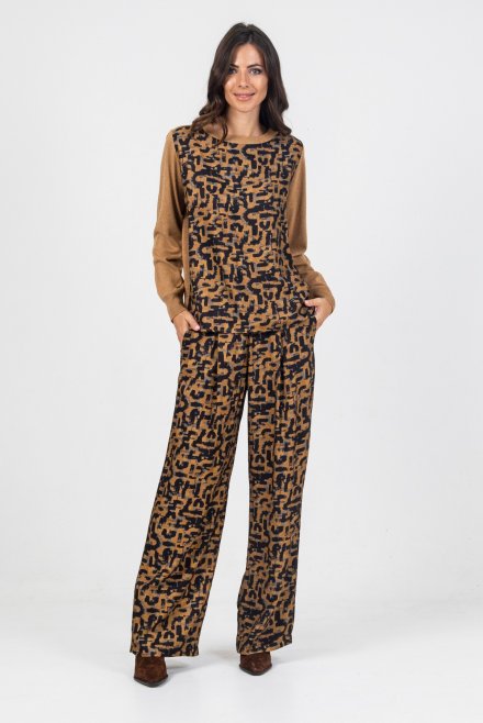 Viscose twill printed wide pants camel