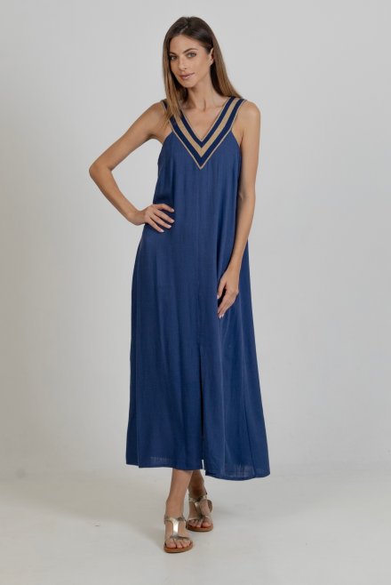 Crepe marocaine maxi dress with knitted details royal blue