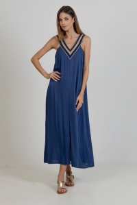 Crepe marocaine maxi dress with knitted details royal blue