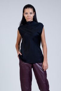 Satin cowl neck sleeveless top with knitted details black