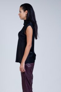 Satin cowl neck sleeveless top with knitted details black