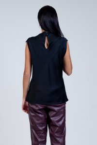 Satin cowl neck sleeveless top with knitted details black