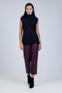 Satin cowl neck sleeveless top with knitted details black