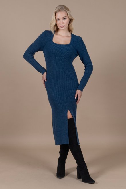 Wool blend ribbed dress royal blue