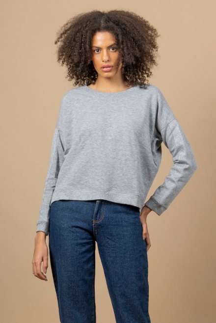 Cotton relaxed sweatshirt with multicolored knitted details light grey