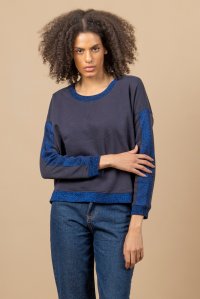 Cotton relaxed sweatshirt with multicolored knitted details midnight blue