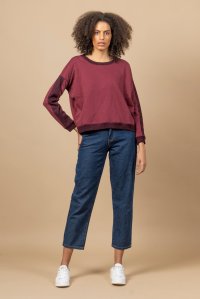 Cotton relaxed sweatshirt with multicolored knitted details dark purple