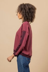 Cotton relaxed sweatshirt with multicolored knitted details dark purple