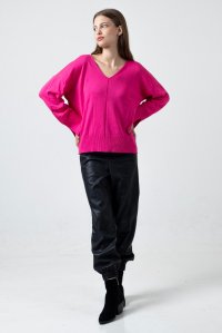 Cotton blend v-neck sweater fuchsia