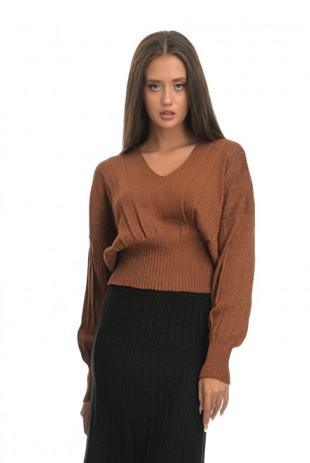 Lurex V-neck top burnt orange